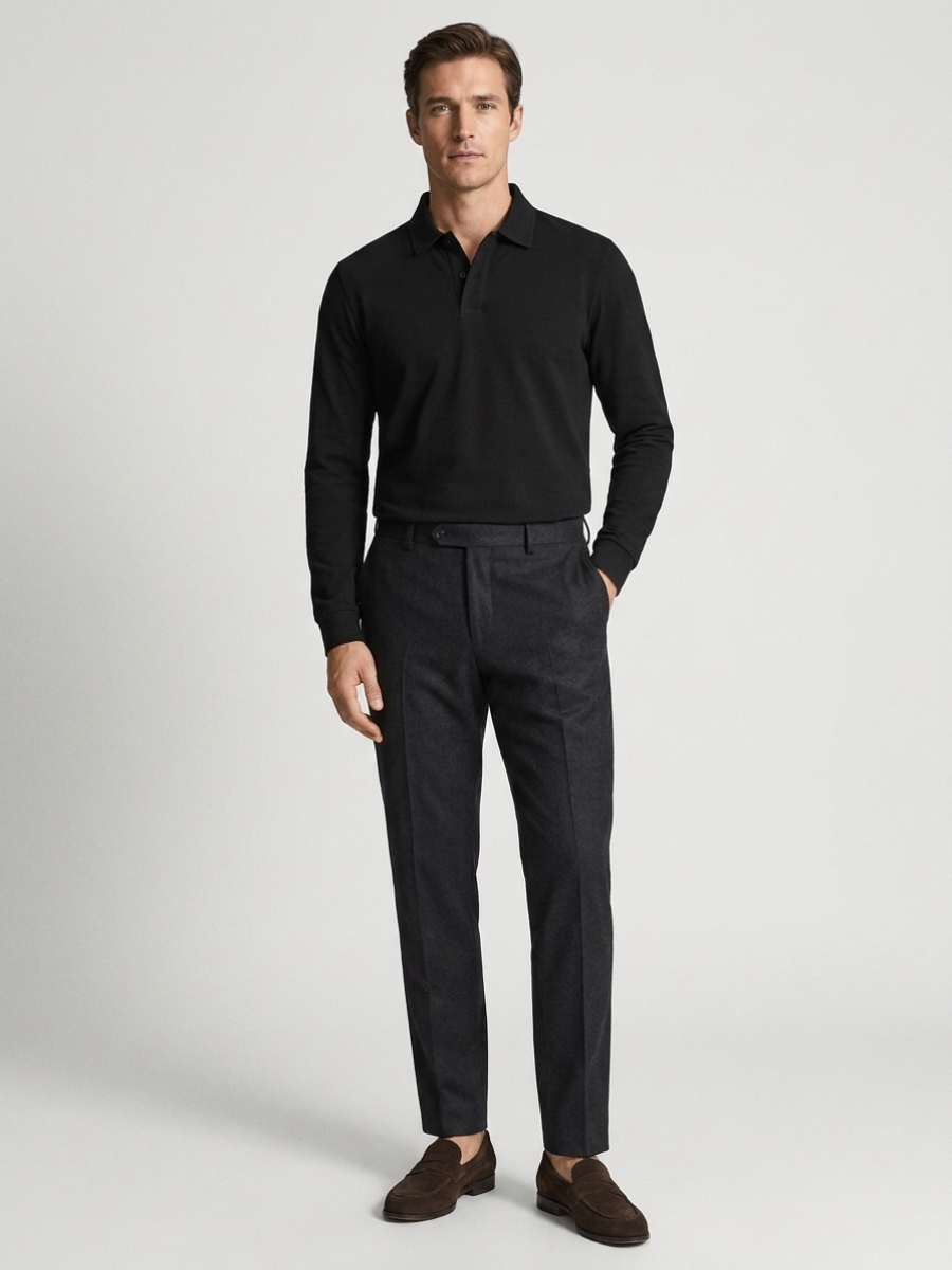 Black Cotton Long Sleeve Polo