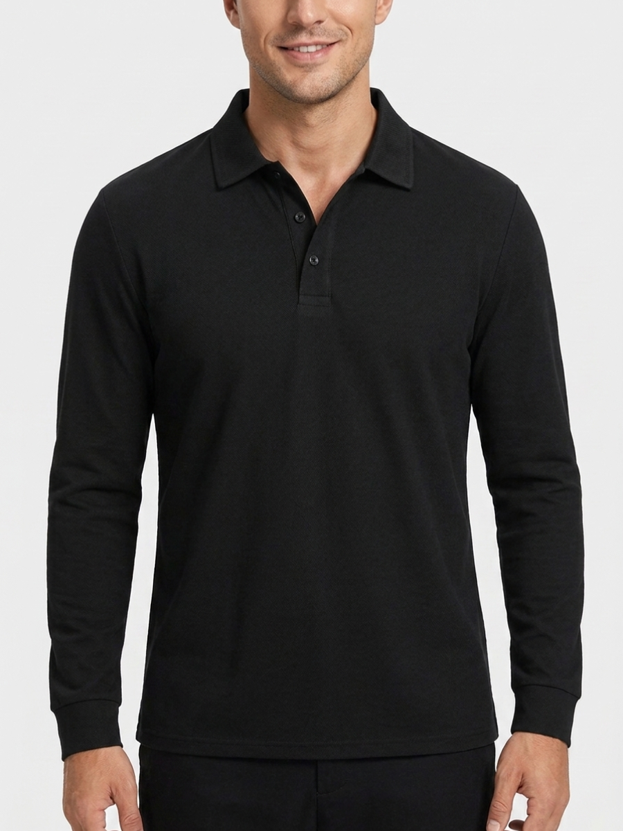 Black Cotton Long Sleeve Polo