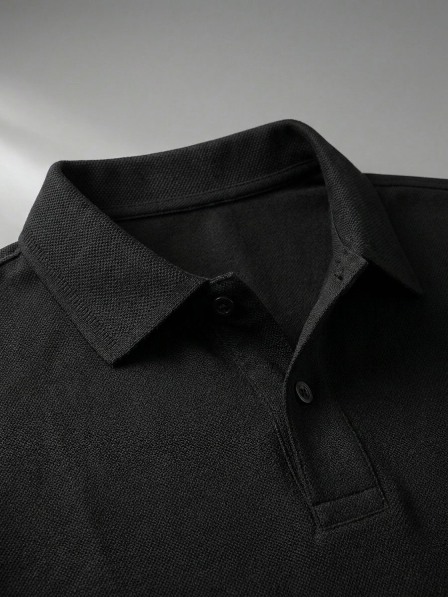 Black Cotton Long Sleeve Polo