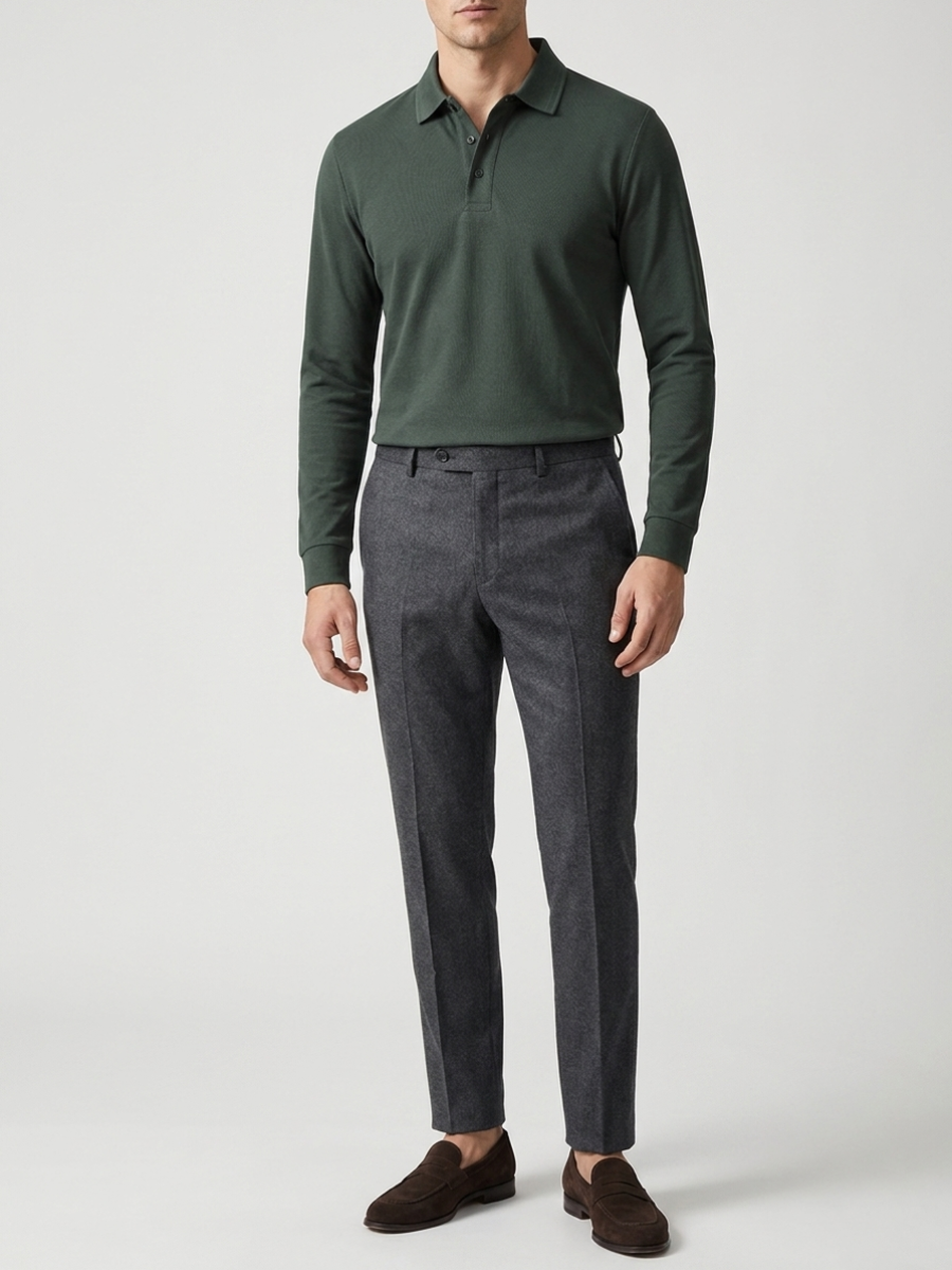 Forest Green Cotton Long Sleeve Polo
