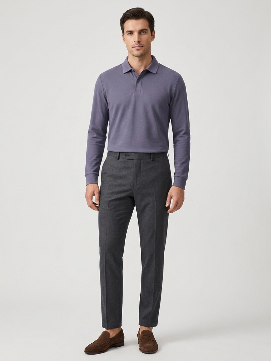 Slate Cotton Long Sleeve Polo