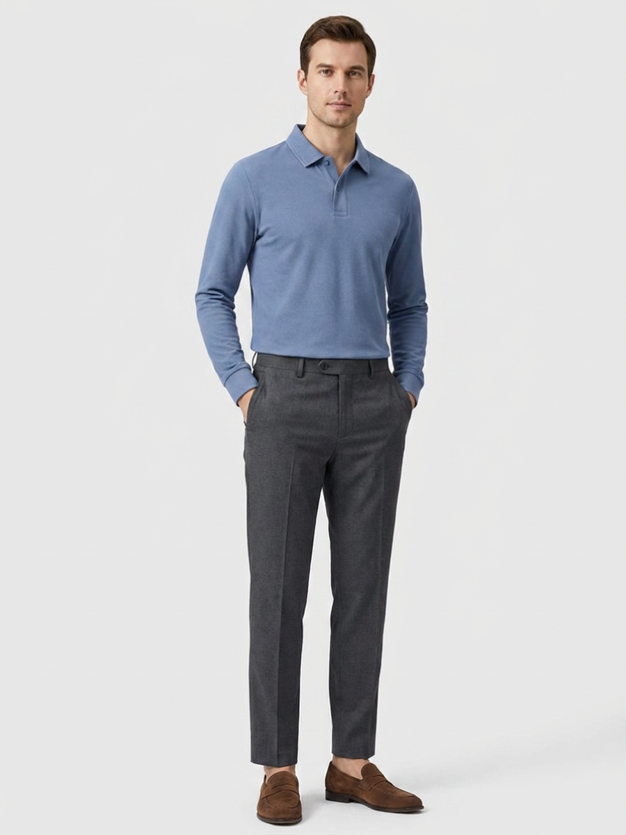 Blue Cotton Long Sleeve Polo