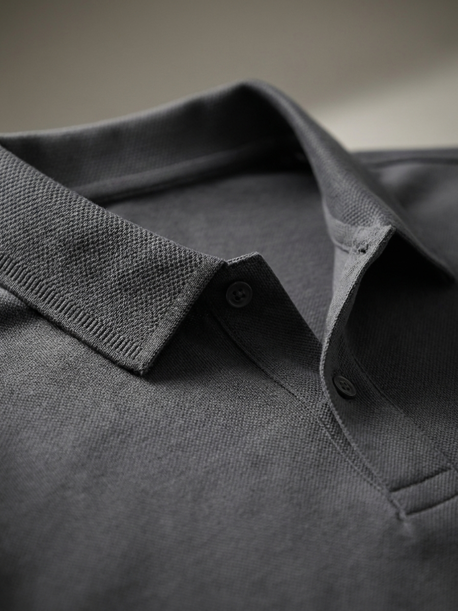 Dark Grey Cotton Long Sleeve Polo