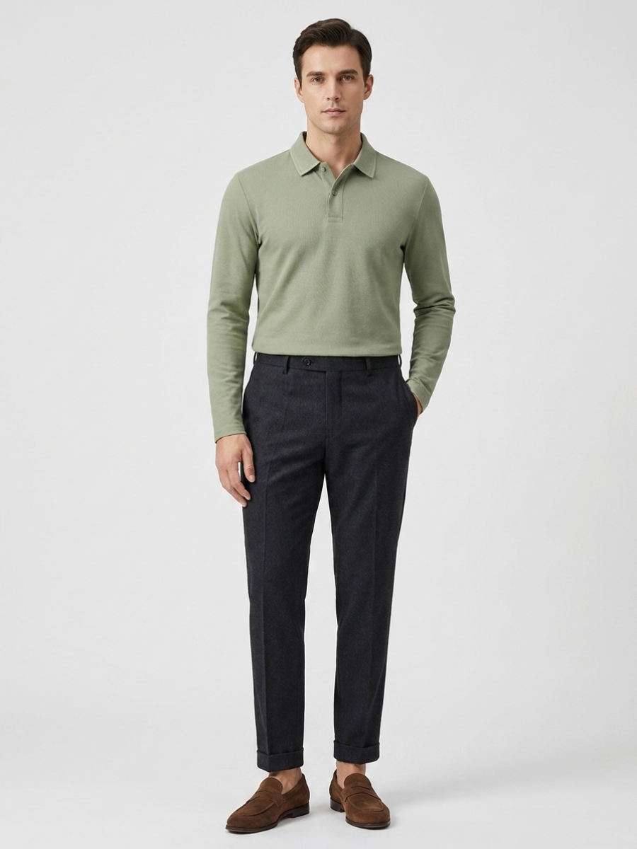 Sage Cotton Long Sleeve Polo
