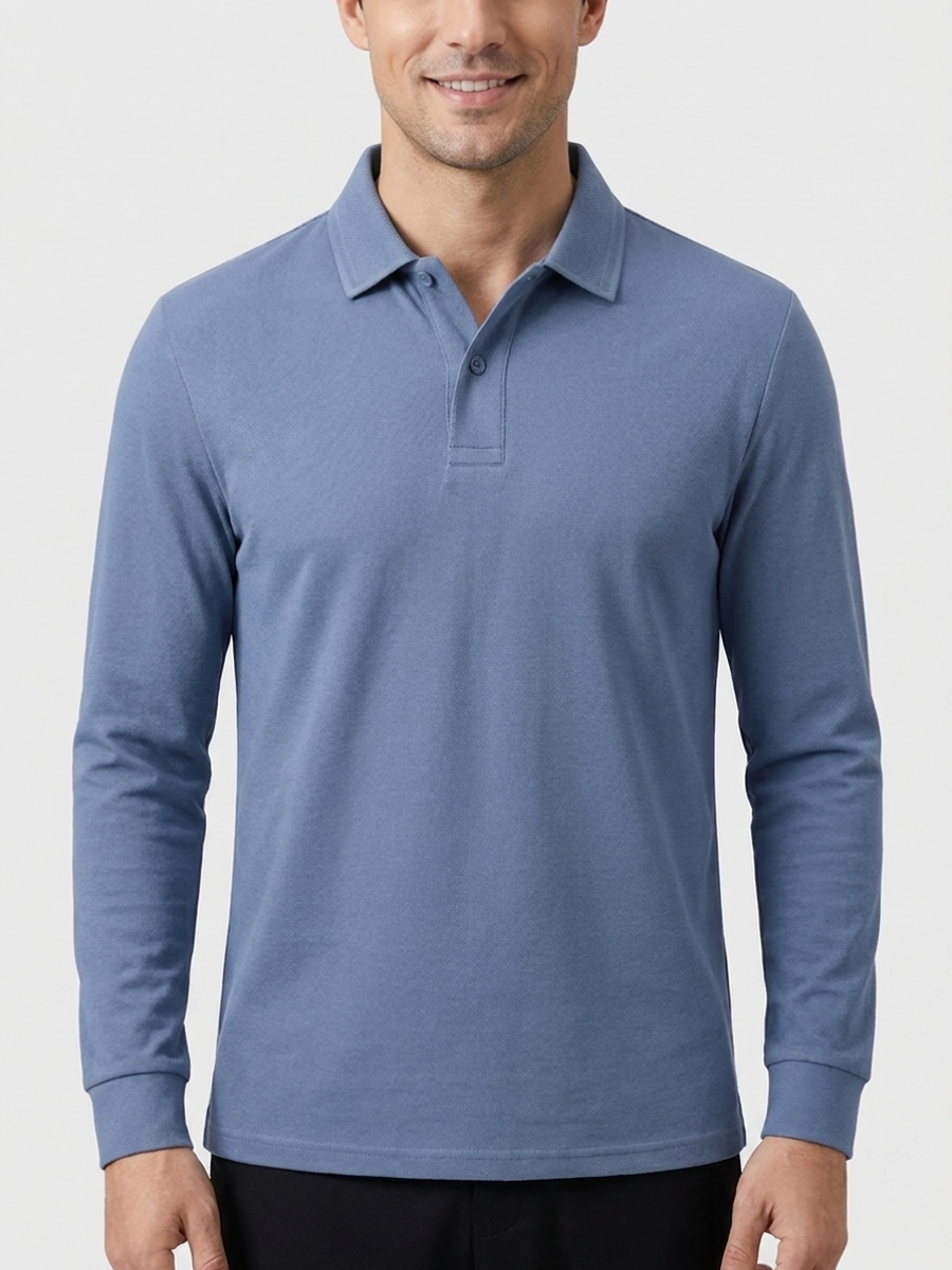 Blue Cotton Long Sleeve Polo