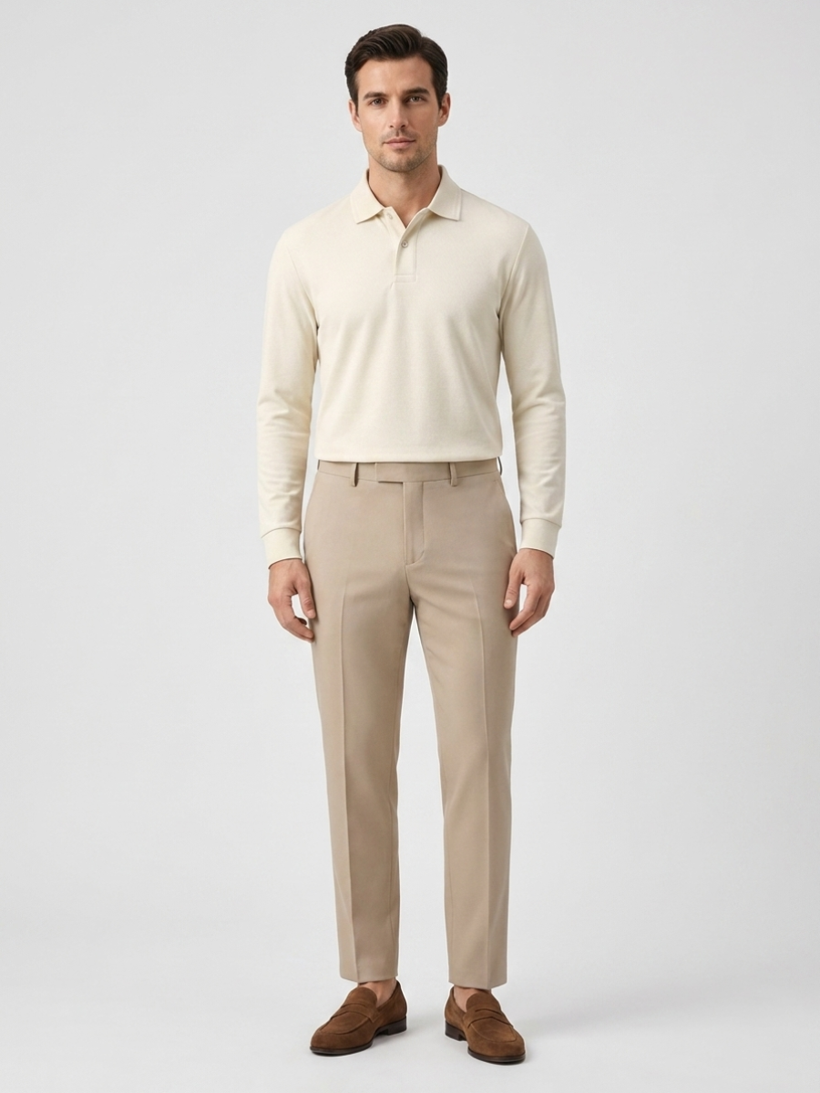Beige Cotton Long Sleeve Polo