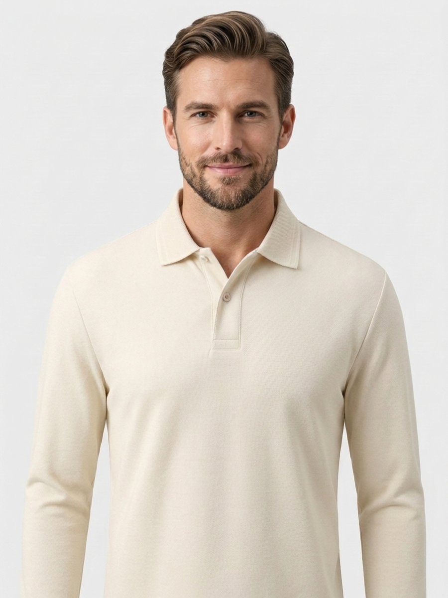 Beige Cotton Long Sleeve Polo