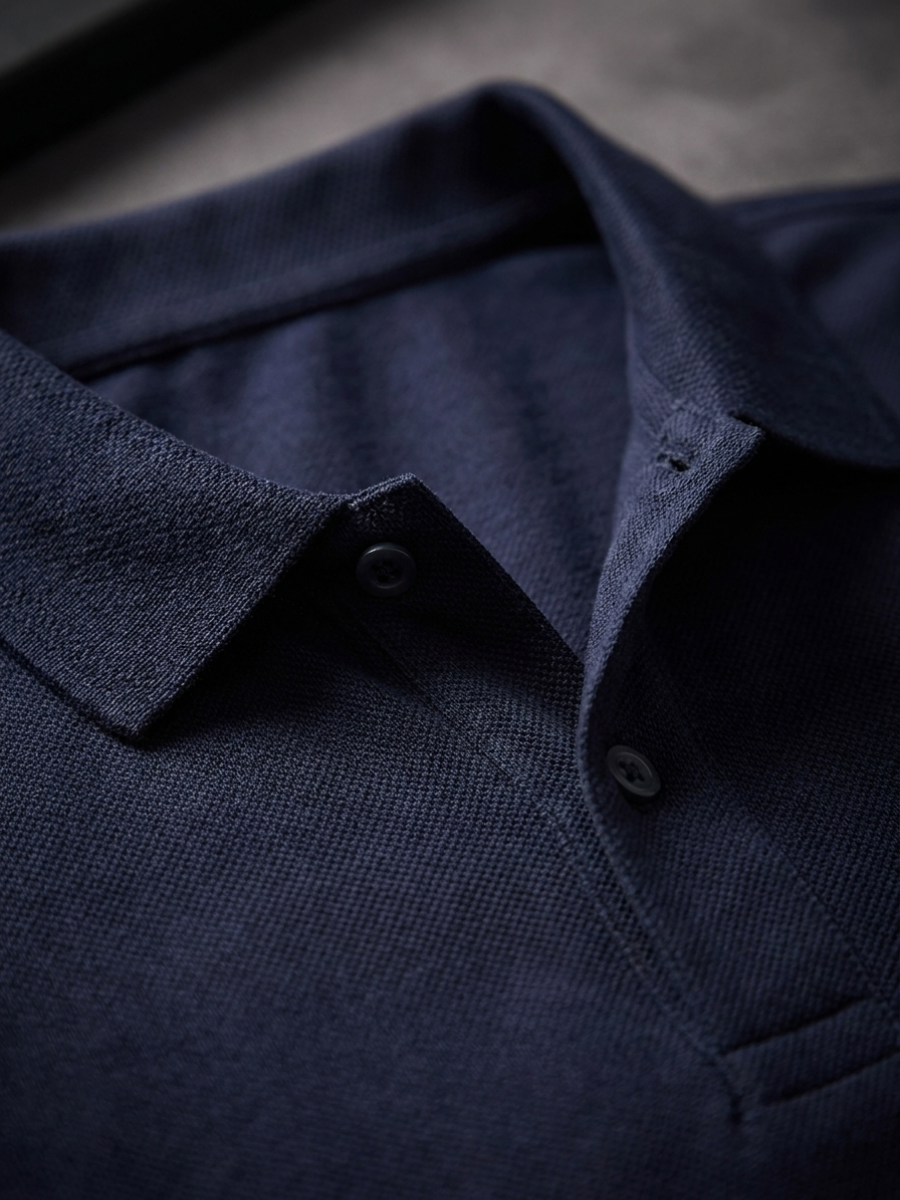 Navy Cotton Long Sleeve Polo