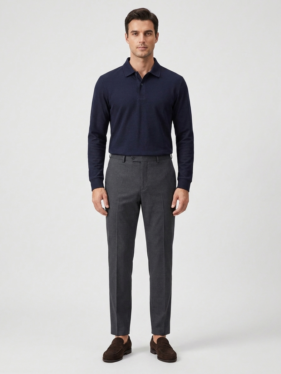Navy Cotton Long Sleeve Polo