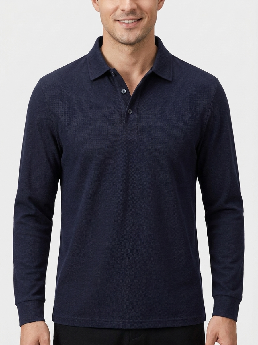 Navy Cotton Long Sleeve Polo