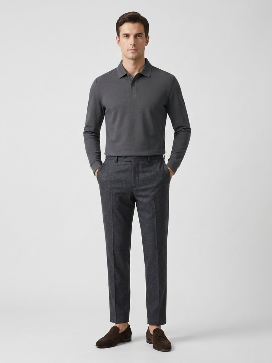 Dark Grey Cotton Long Sleeve Polo