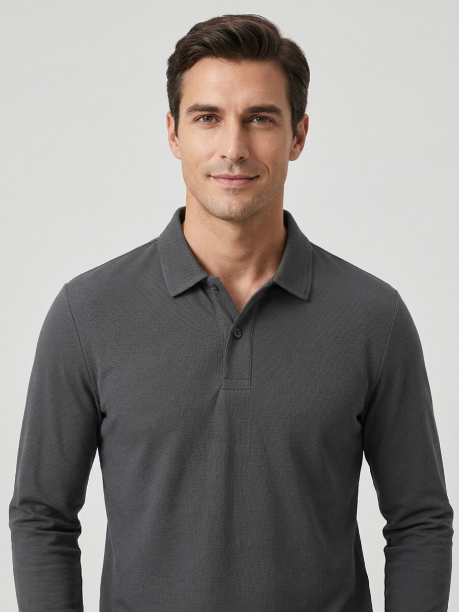 Dark Grey Cotton Long Sleeve Polo