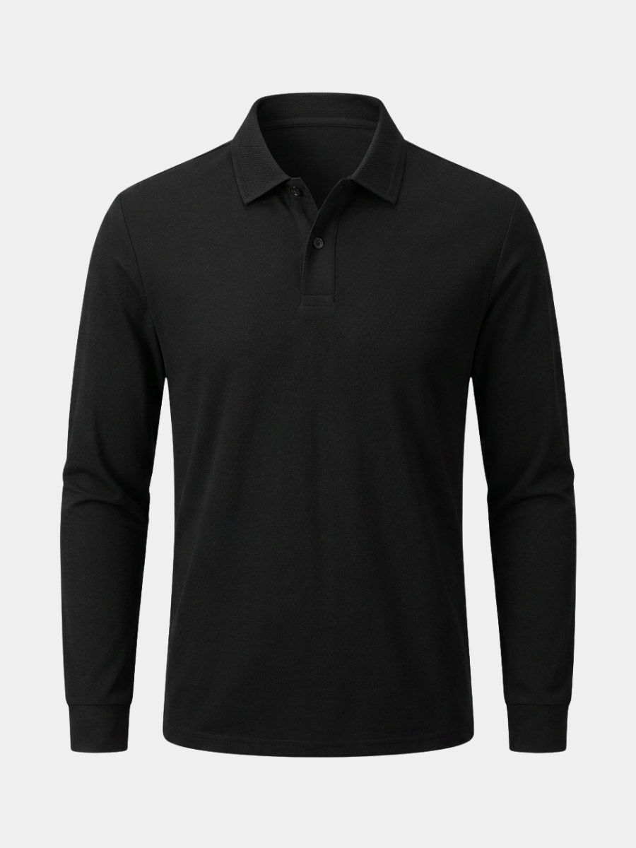 Black Cotton Long Sleeve Polo